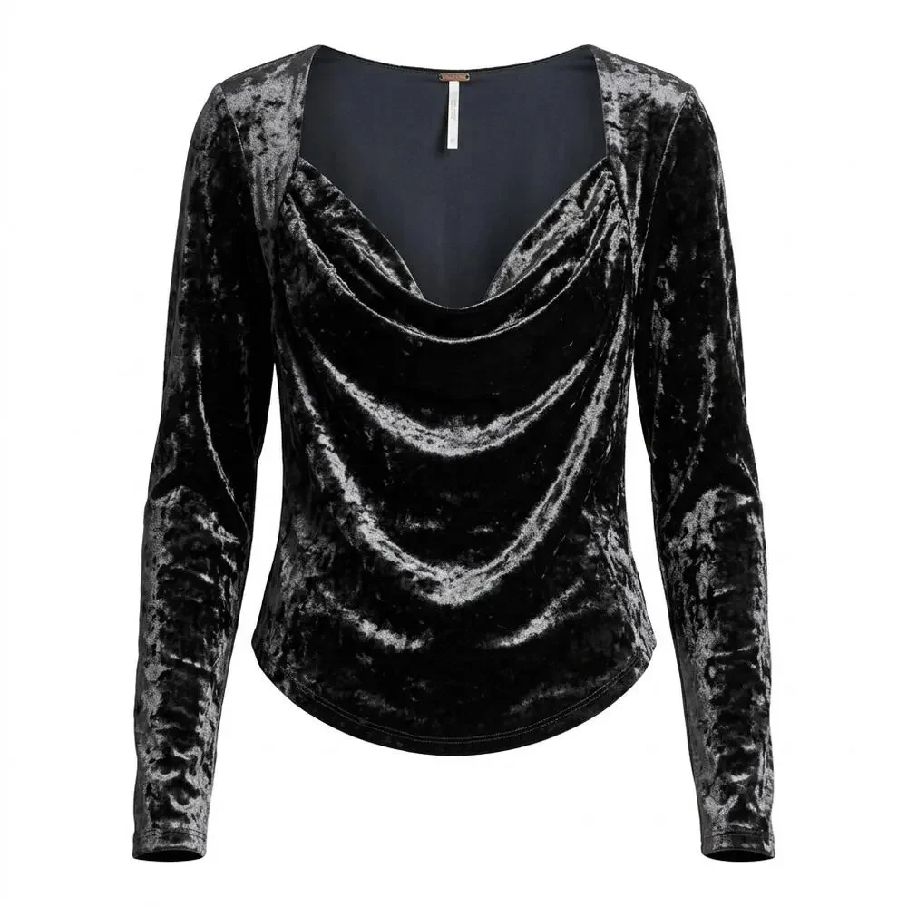 Free People Metal Black Velvet Cowl Neck Long Sleeve Top Women Size XS